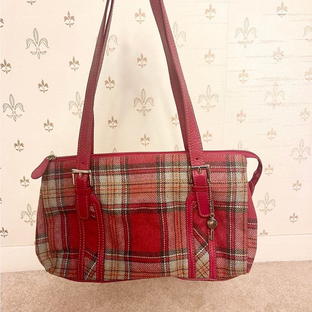 Fossil Red and Pink Shoulder Bag with Classic Plaid Design